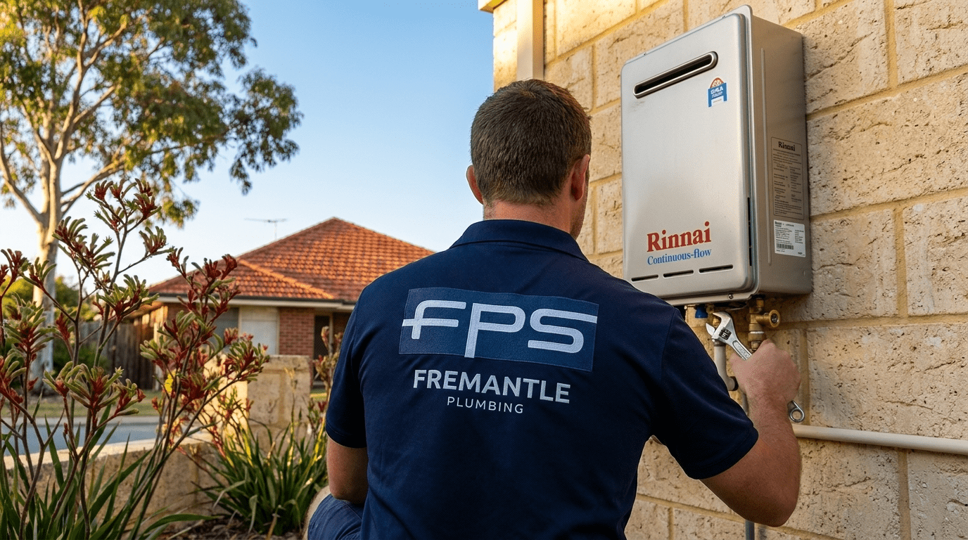 Fremantle Plumbing technician installing a Rinnai continuous flow hot water system at a Perth home