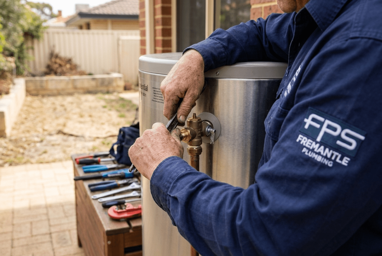 Close up of a Fremantle Plumbing technician servicing a hot water system tempering valve