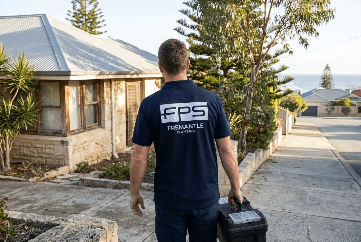 Fremantle Plumbing technician walking up to a Fremantle limestone cottage with a toolbox